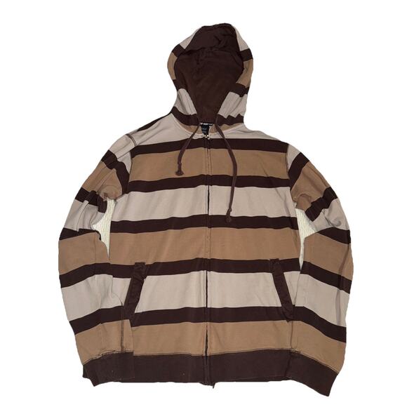 Vintage Y2K Top Heavy Striped Men's Heavy Full Zip Hoodie Striped Brown Size XL - Picture 1 of 7